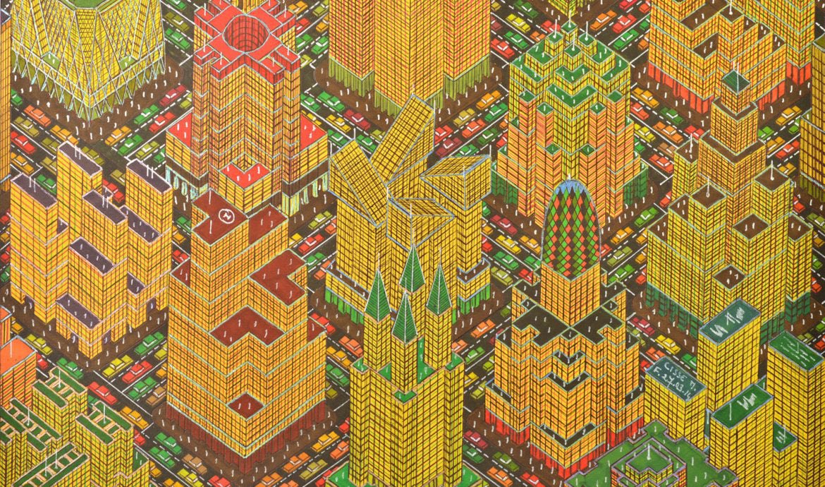 kushinon's tweet image. セネガル出身で自閉症スペクトラムのママドゥ・シッセは18歳で渡仏。パン職人などの仕事を経て、41歳よりデパートの夜間警備員として、長時間の仕事をしながら絵を描き始めた。
世界中の都市建築に魅力された彼は、鳥瞰的な視点、未来的で万華鏡的なビジョンで表現された架空の都市を描き続けている。