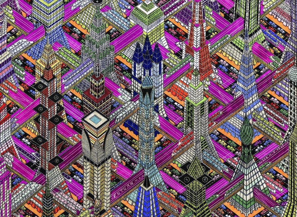 kushinon's tweet image. セネガル出身で自閉症スペクトラムのママドゥ・シッセは18歳で渡仏。パン職人などの仕事を経て、41歳よりデパートの夜間警備員として、長時間の仕事をしながら絵を描き始めた。
世界中の都市建築に魅力された彼は、鳥瞰的な視点、未来的で万華鏡的なビジョンで表現された架空の都市を描き続けている。