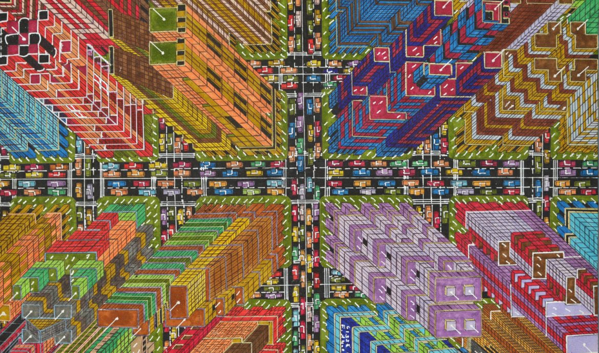 kushinon's tweet image. セネガル出身で自閉症スペクトラムのママドゥ・シッセは18歳で渡仏。パン職人などの仕事を経て、41歳よりデパートの夜間警備員として、長時間の仕事をしながら絵を描き始めた。
世界中の都市建築に魅力された彼は、鳥瞰的な視点、未来的で万華鏡的なビジョンで表現された架空の都市を描き続けている。