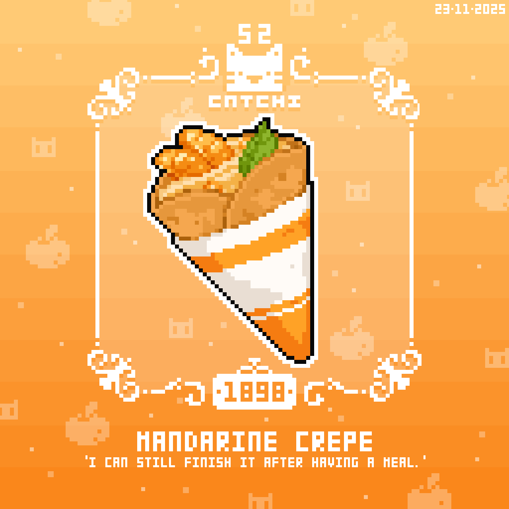 Catchi_52's tweet image. ＜橘子可麗餅＞
「即使剛吃完飯也能再吃掉一個」

-23/11/2025 [像素日更 Daily pixel 1898] #像素 #美食 #pixels #pixelart #food #drawing #tasty #illustration #art