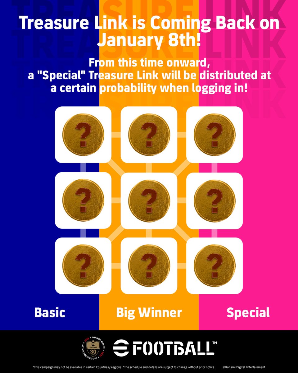 play_eFootball's tweet image. Treasure Link is Coming Back on January 8th!

From this time onward, a &quot;Special&quot; Treasure Link will be distributed at a certain probability when logging in!

#eFootball