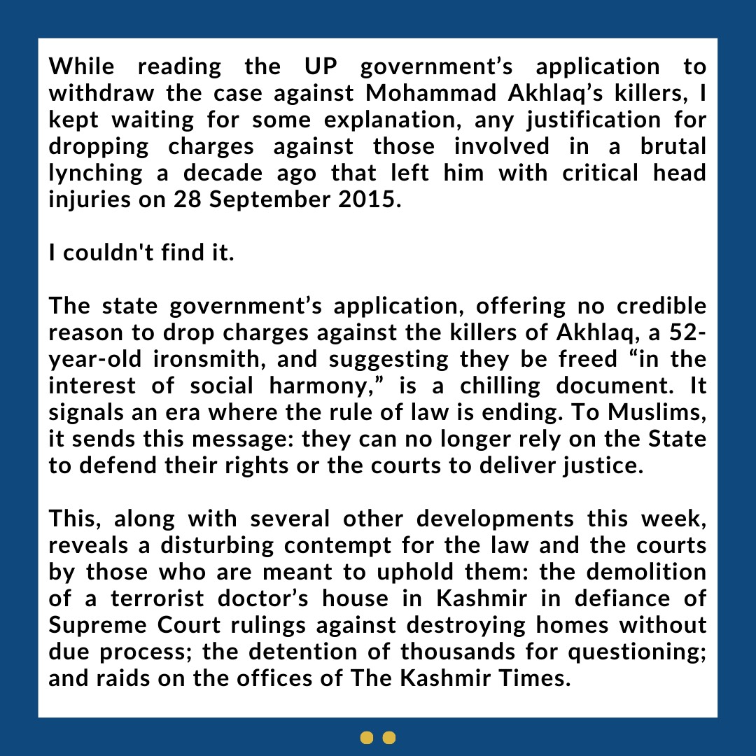 No prior enmity b/w the accused &amp; victims Need to restore social harmony

The illogical reasons to drop the case against Mohammad Akhlaq’s killers mark a post-law era in India—especially for Muslims, <a href="/betwasharma/">Betwa Sharma</a> writes

To read our weekly notes, subscribe article-14.com/subscribe