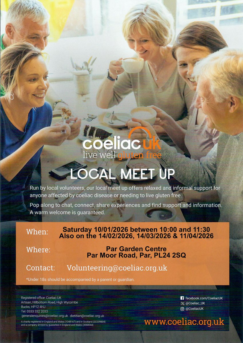 jrbradby's tweet photo. Coeliac UK’s next Local Meet Up in Cornwall is on Saturday, 10th January 2026, between 10:00 and 11:30 am at The Gardener’s Kitchen, Par Garden Centre, Par Moor Road, Par, PL24 2SQ. https://t.co/msvOlhNhwo
