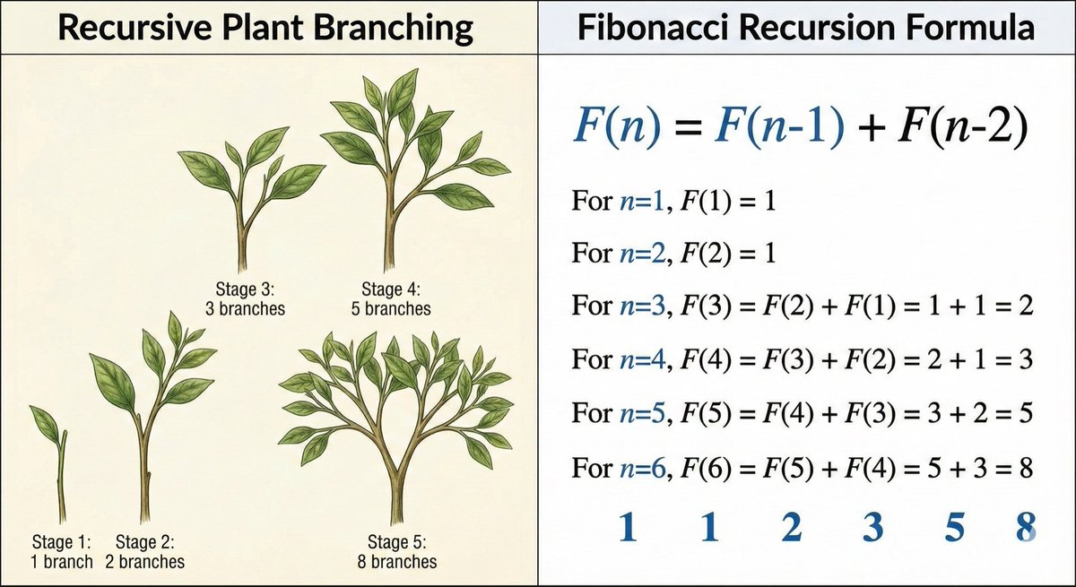 S_Sivakumar's tweet image. Many biological systems grow recursively:
• tree branching
• spiraling shells
• seed development
This structure mirrors the recursive rule behind Fibonacci numbers.
#SundayScience
