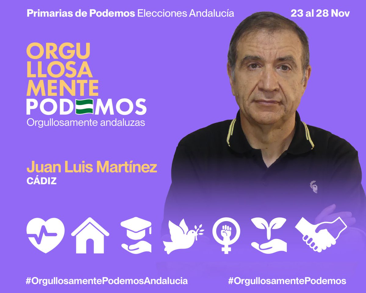 🗳️[Primarias de Podemos - Elecciones Andalucía - 23/28 Noviembre]  

🙋‍♂️Lo que fundamentalmente me mueve a participar en estas primarias es:

✅Luchar por la igualdad y justicia social.
✅Pelear  por el derecho de todas y todas a una vivienda digna,
✅La defensa de nuestra
