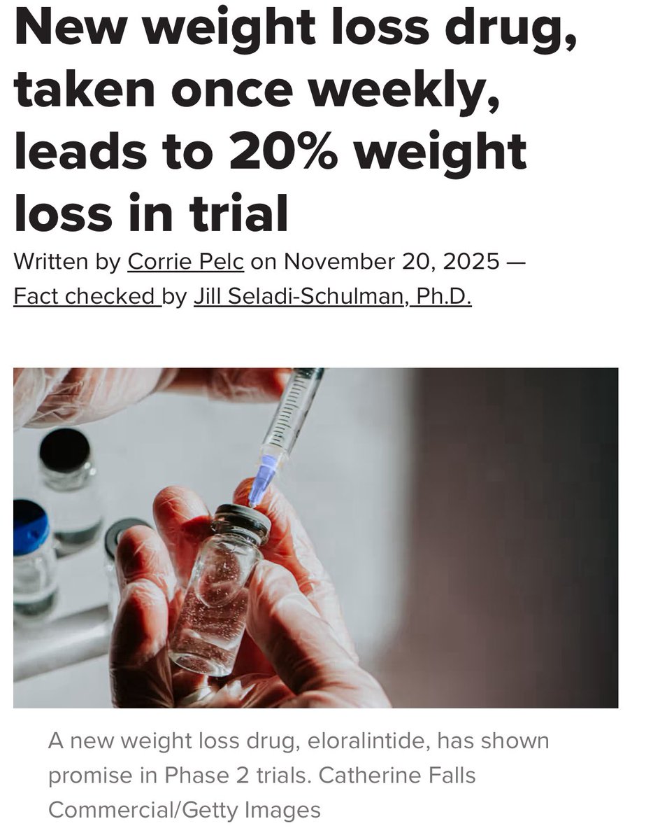 A new weight-loss drug just dropped — and it’s NOT a GLP-1.

Meet Eloralintide — the amylin-agonist that helped people lose up to 20% body weight in Phase 2.

👇 Why this matters more than you think…

1️⃣ GLP-1 meds (Ozempic/Wegovy) changed obesity care… but ~17% of people don’t