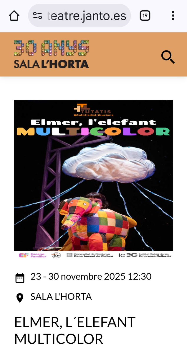 11 i 2/4 d1hV "Elmer, l'elefant multicolor" a VLC/<a href="/lhortateatre/">L'Horta Teatre</a>

2/4d12h <a href="/PauAlabajos/">Pau Alabajos</a> a BCN/via Laietana, 43

2/4d1hV <a href="/TROBADORETS/">Trobadorets</a> a Nules/pl Major

1hV <a href="/BPenalba/">Borja Penalba</a> a Montcada/convent Franciscanes

6hV "L'empremta del barranc" a Aldaia/TAMA

8hV "Veriueu-ho!" a VLC/teatreCarolina