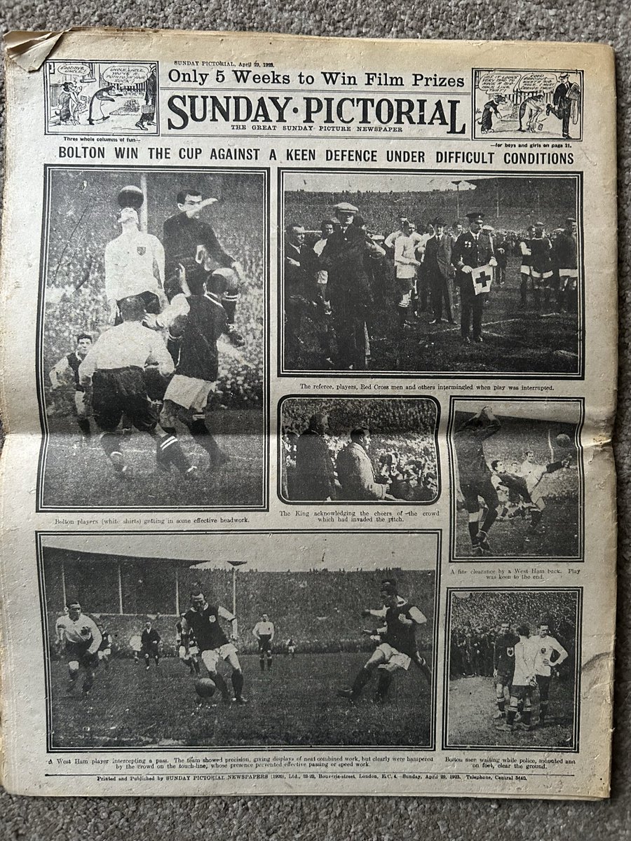WembleyArchive's tweet image. New to our archive: an original copy of the famous 1923 Sunday Pictorial newspaper issued the day after the first @wembleystadium #FACup Final between Bolton Wanderers #bwfc and West Ham United #whufc, no mention of the famous White Horse but credit to the mounted police