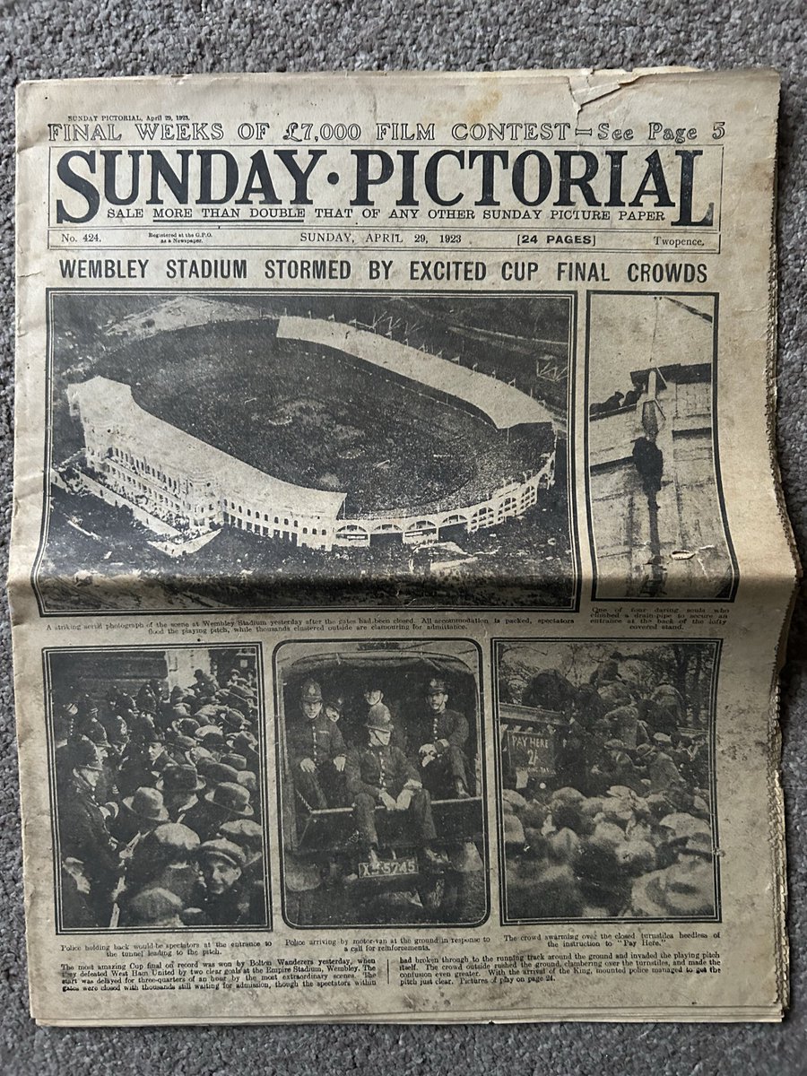 WembleyArchive's tweet image. New to our archive: an original copy of the famous 1923 Sunday Pictorial newspaper issued the day after the first @wembleystadium #FACup Final between Bolton Wanderers #bwfc and West Ham United #whufc, no mention of the famous White Horse but credit to the mounted police
