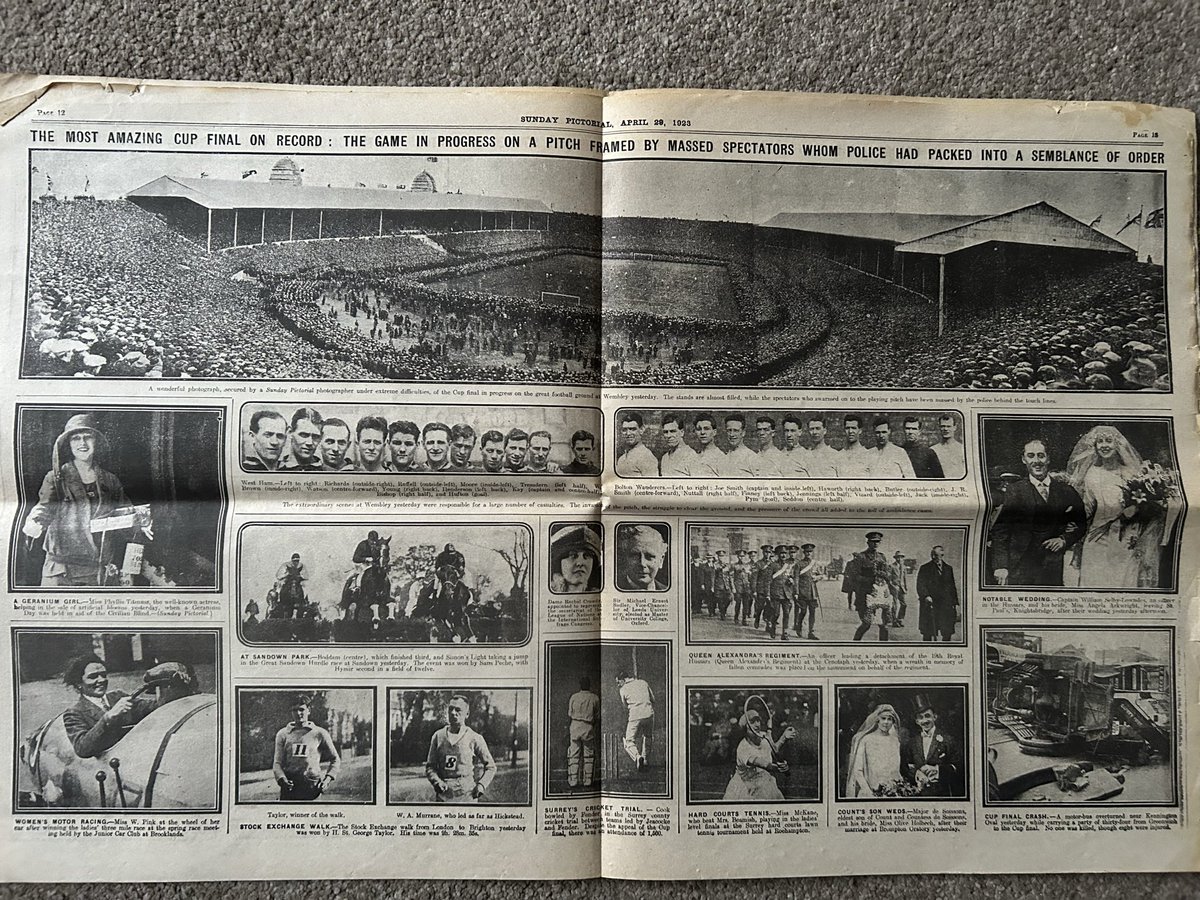 WembleyArchive's tweet image. New to our archive: an original copy of the famous 1923 Sunday Pictorial newspaper issued the day after the first @wembleystadium #FACup Final between Bolton Wanderers #bwfc and West Ham United #whufc, no mention of the famous White Horse but credit to the mounted police