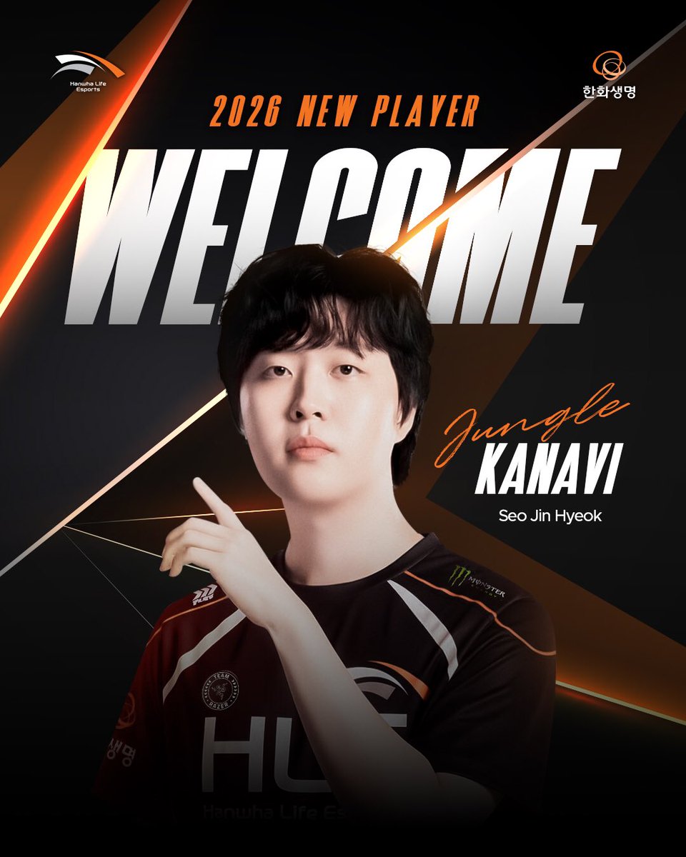 HLEofficial's tweet image. 𝗪𝗲𝗹𝗰𝗼𝗺𝗲, 𝗛𝗟𝗘 𝗞𝗔𝗡𝗔𝗩𝗜
한화생명e스포츠에 정글러 ‘Kanavi’ 서진혁 선수가 합류했습니다. 국제 무대에서 쌓아온 경험과 뛰어난 경기 운영 능력을 갖춘 카나비 선수와 함께할 HLE의 새로운 챕터를 기대해 주세요.

Seo ‘Kanavi’ Jin-hyeok has joined Hanwha Life Esports as our…