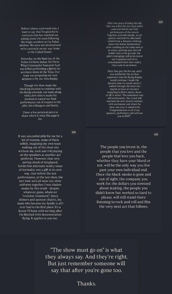 ManasGangwar8's tweet image. The USAF F-16 display team cancelled their event at Dubai Air Show following the Tejas crash and death of Wing Commander Namansh Syal.
The pilot Capt Taylor Hiester posted his comments on his Instagram handle @femahiester slamming the show organisers for carrying on with events.