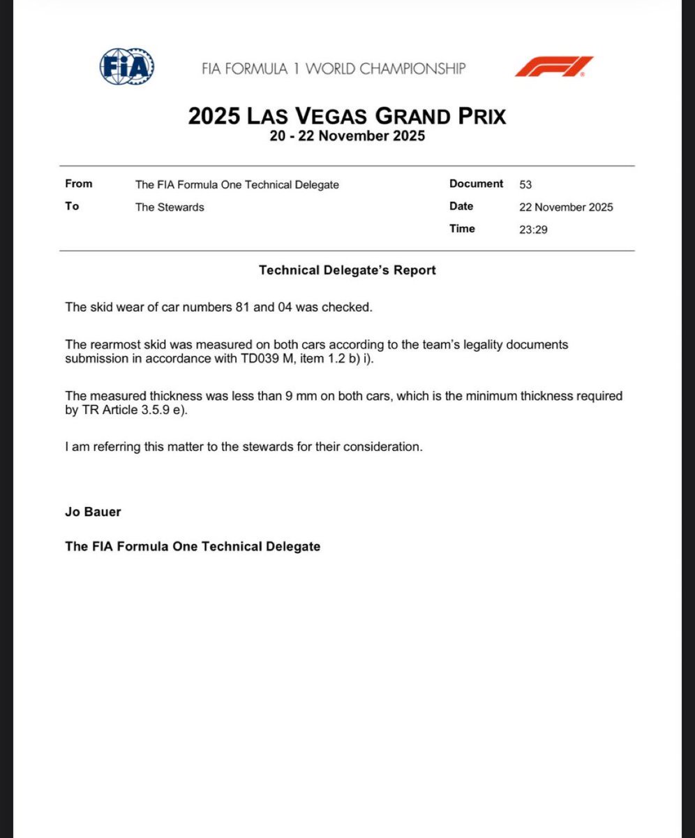 ÚLTIMO MINUTO! 

Norris y Piastri serán descalificados tras el desgaste de la plancha más de los 9mm permitidos. HAY MUNDIAL SEÑORES

NORRIS 390 pts 
PIASTRI 366 pts
VERSTAPPEN 366 pts 

24 pts de diferencia y 58 pts en disputa 

😱😱😱😱😱