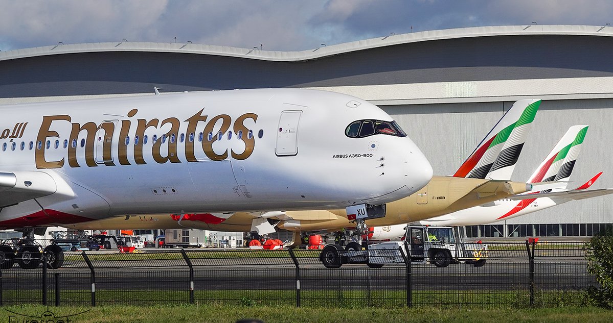 Three new Airbus A350-900 for #Emirates MSN 757/773/781 at #toulouse #airbus #A350 <a href="/emirates/">Emirates</a>