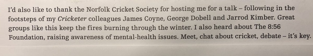 Thanks <a href="/huwzat/">Huw Turbervill</a> for a mention in this month's Cricketer magazine - was a pleasure to meet you at the <a href="/NorfolkCrickSoc/">NorfolkCricketSoc</a> 

Cricket is a huge part of the 8:56 and raising awareness for men's mental health

#ItsTimeToTalk