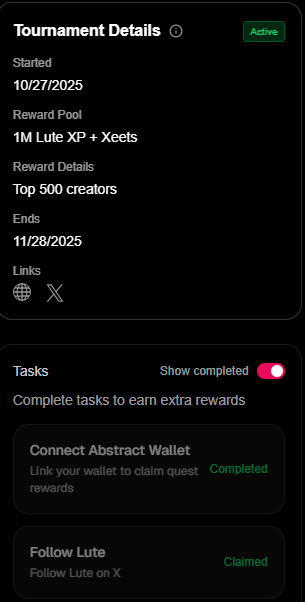 rikipekk's tweet photo. When I first opened the Creator Tournament page this morning, I saw that the task list is positioned directly next to the reward flow, serving as a subtle reminder that participating here isn't about earning points but rather establishing a presence with the other players. Connecting the wallet and following the feed seems simple, yet it anchors you into the same loop everyone else relies on, and the structure makes the whole experience feel lighter.

What caught me was how the progress line reflects community rhythm more than individual output. watching creators move through the same steps creates this steady pulse that keeps the space active without forcing anyone to sprint. it turns the tournament into a coordinated layer where each action ties back into shared momentum.

That’s where @lute stands out. it builds systems that let people grow alongside each other, turning effort into something collective instead of exhausting.