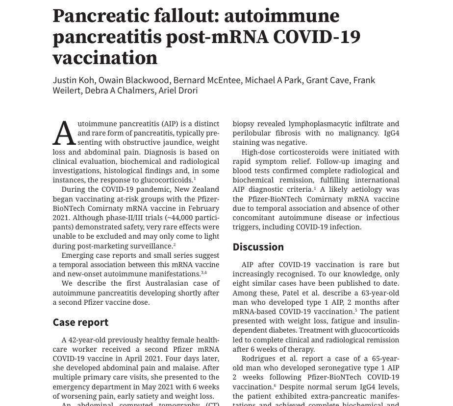 mRNAdeaths's tweet photo. "This case adds to the small amount of data  demonstrating a temporal association between new onset Autoimmune Pancreatitis and COVID-19 vaccination." https://t.co/CQn1HDxamR