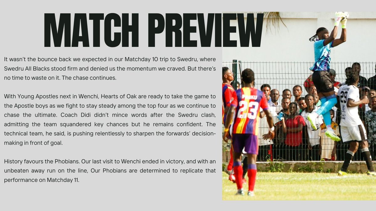 HeartsOfOakGH's tweet image. 🔴🟡🔵 | 🌳

IT'S GAME DAY!

Team news just in.  📰

What you need to know ahead of our away clash against Young Apostle FC this afternoon.

#AHOSC #PositiveEnergy #Phobia4Life