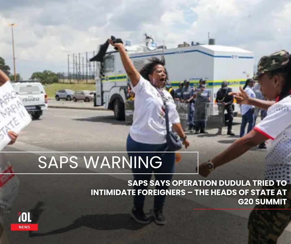 IOL's tweet image. The South African Police Service (SAPS) has opened several cases against Operation Dudula after a fracas near the Nasrec Expo Centre, where President Cyril Ramaphosa and world leaders are attending the G20 Leaders’ Summit.
#news #SAPS #cases #OperationDudula #CyrilRamaphosa