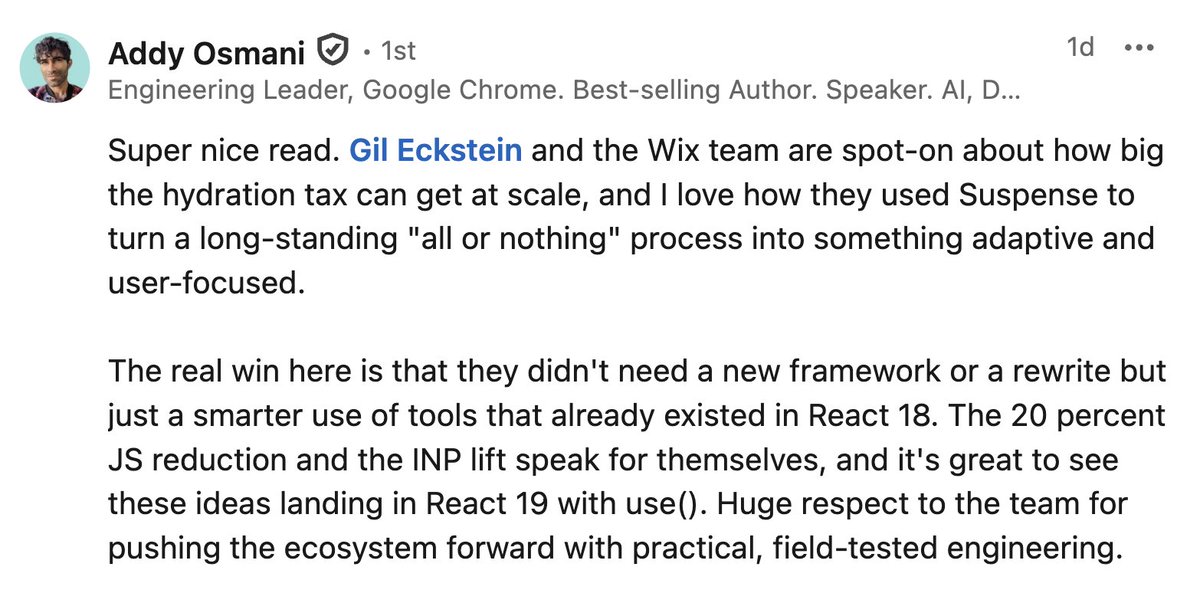 Thank you, <a href="/addyosmani/">Addy Osmani</a>, for your comment on <a href="/gilecks/">Gil Eckstein</a>'s latest article 😀

"40% Faster Interaction: How <a href="/Wix/">Wix</a> Solved React's Hydration Problem with Selective Hydration and Suspense"

wix.engineering/post/40-faster…