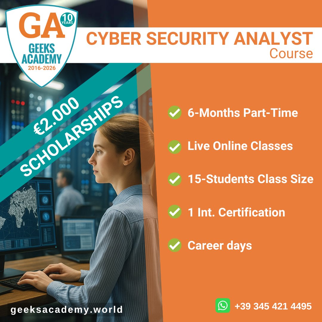 GeeksAcademyEu's tweet image. Geeks Academy turns 10 and offers 10 scholarships worth €2,000.
Become a #CyberSecurityAnalyst: learn to detect, monitor, and respond to #threats as part of both Red and Blue Teams.
Includes #Internationalcertification + job interviews.
Starting November.
is.gd/Cyber_Sec_Anal…