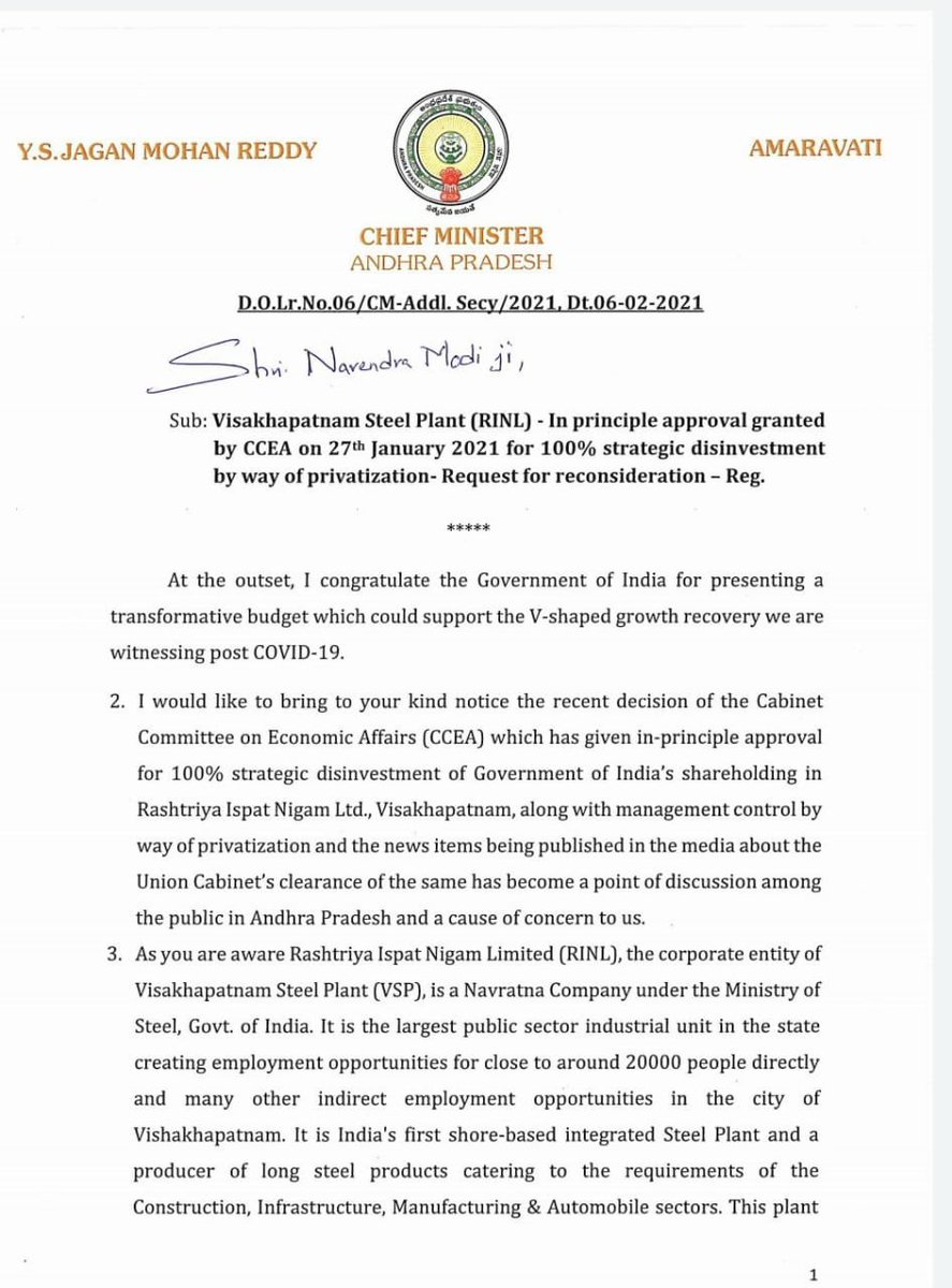 DheerajPola's tweet image. CCEA on Jan 27,2021 has given its principal approval for strategic disinvestment of GOI shareholding in @RINL_VSP  . tinyurl.com/jtfyrcnd
In Response to CCEA desicion then CM of AP  @ysjagan has written a Letter to PM requesting reconsideration of the decision.
#YSRCP…