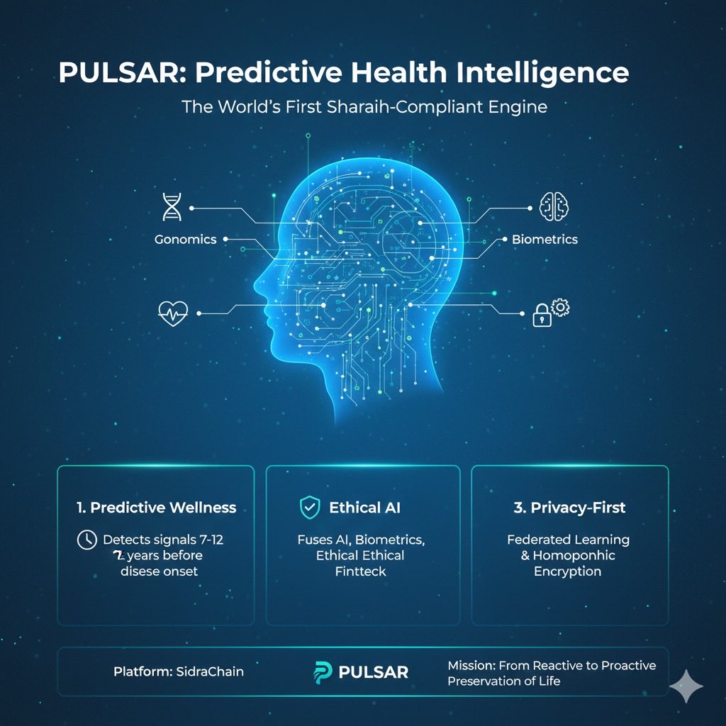 CamzTribiana's tweet image. Introducing PULSAR: The world&apos;s first Shariah-compliant Predictive Health Intelligence Engine! 🚀🔬

• Transitioning from reactive medicine to predictive wellness assurance.
• Fusing AI, Biometrics &amp;amp; Ethical Fintech on SidraChain.
• Monitoring early biological signals for…