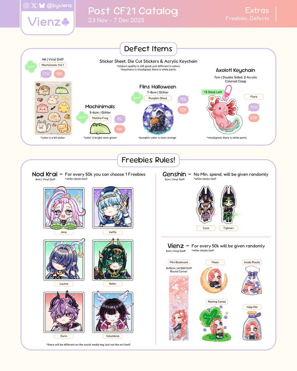 byvienz's tweet photo. [💜&amp; 🔁 are appreciated]

The defect stickers are still good quality, just not the desired colors（´∇｀''）
The keychain have a white spot <(꒰ •̯́ - •̯̀)꒱

🎁 Get 1 Nod Krai and Original Freebies for every 50k order!
(based on the stock availability)

[3/3] https://t.co/qwC99ONFYE