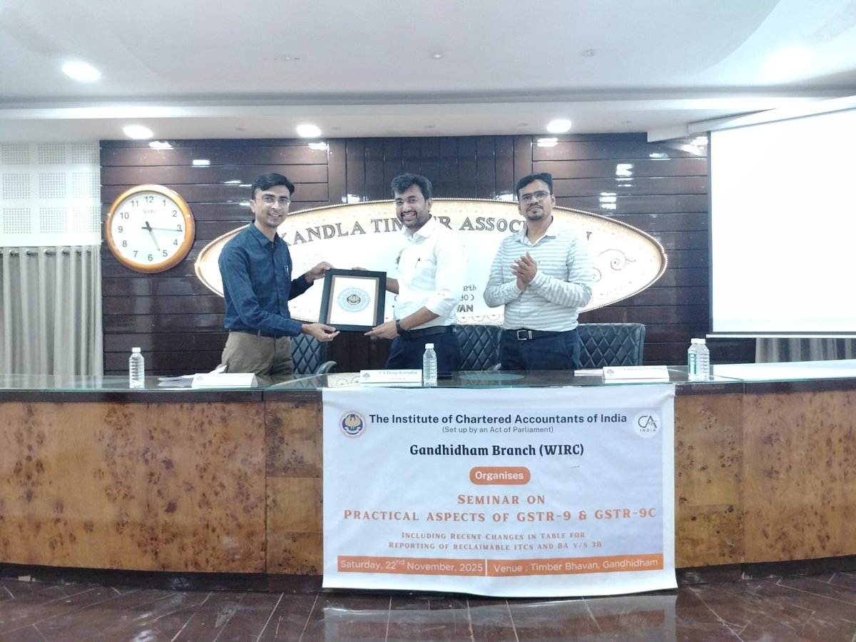 DEEPKORADIA's tweet photo. Highlights of yesterday's event at Gandhidham Branch of WIRC of ICAI.

The registrations exceeded the branch premises’ capacity, so the venue was shifted to a larger place. I want to thank Chairperson CA Mahesh Limbani Sir and the entire MCM, CA Virag Acharya, Sameer Mehta, for giving me the liberty to go beyond the clerical part of GSTR-9 and 9C. The memento was beautifully designed with the ICAI emblem in the center, surrounded by Kutchi art! 😃