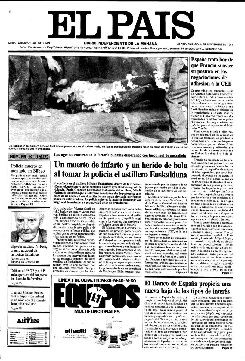 outsidersesp's tweet image. El 23 de noviembre de 1984 muere el trabajador Pablo González de los astilleros bilbainos Euskalduna víctima de un infarto mientras se protegía de una carga policial acompañada de fuego real efectuado con metralletas.

En el seno de la reconversión industrial iniciada por el…