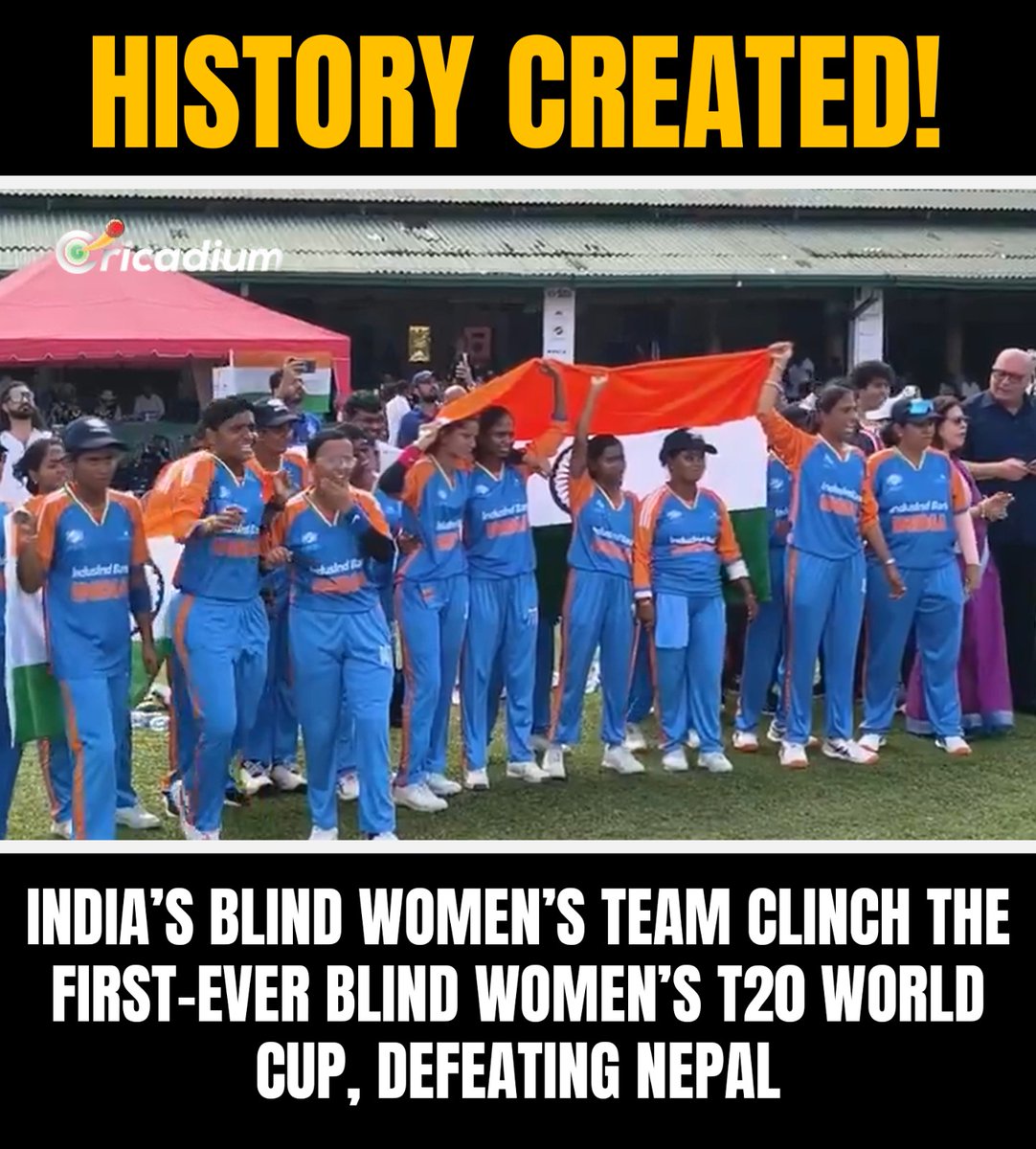 Cricadium's tweet image. Champions! India’s Blind Women’s Team beat Nepal to lift the inaugural Blind Women’s T20 World Cup trophy 🏆🔥🇮🇳

#IndiaChampions #BlindCricket #WomensCricket #T20WorldCup #ProudIndia