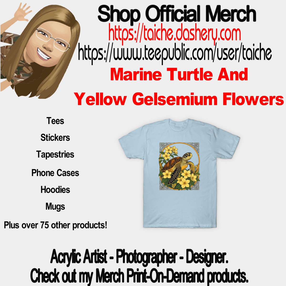 TaicheTees's tweet photo. #MarineTurtle And Yellow #Gelsemium Flowers - #LoggerheadTurtle - #TShirt #teepublic #taiche a modern-style #illustration. Gelsemium is the local flower of #SC, and the marine turtle is the colony reptile which nests on the shores of #SouthCarolina. https://t.co/m4776Qv9v5 https://t.co/nWT1OBaXKH