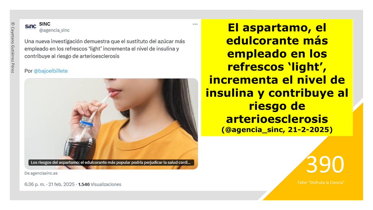El aspartamo, el edulcorante más empleado en los refrescos ‘light’, incrementa el nivel de insulina y contribuye al riesgo de arterioesclerosis
(<a href="/agencia_sinc/">SINC</a>, 21-2-2025)