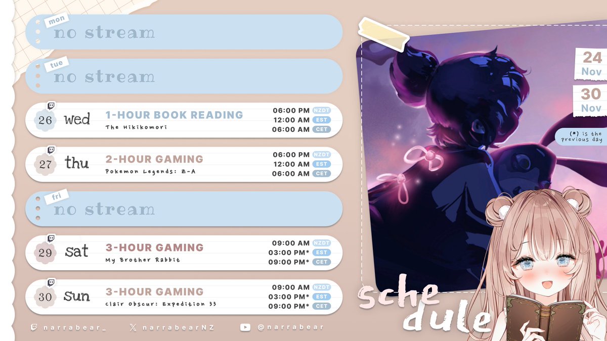 narrabear_'s tweet image. I’m focusing on the main story in Pokémon so I can finally finish the game. I’ll also be running tests on Wednesday night, so if it looks like I start early, don’t worry. The book reading will still begin at the scheduled time. See you then! 🩵