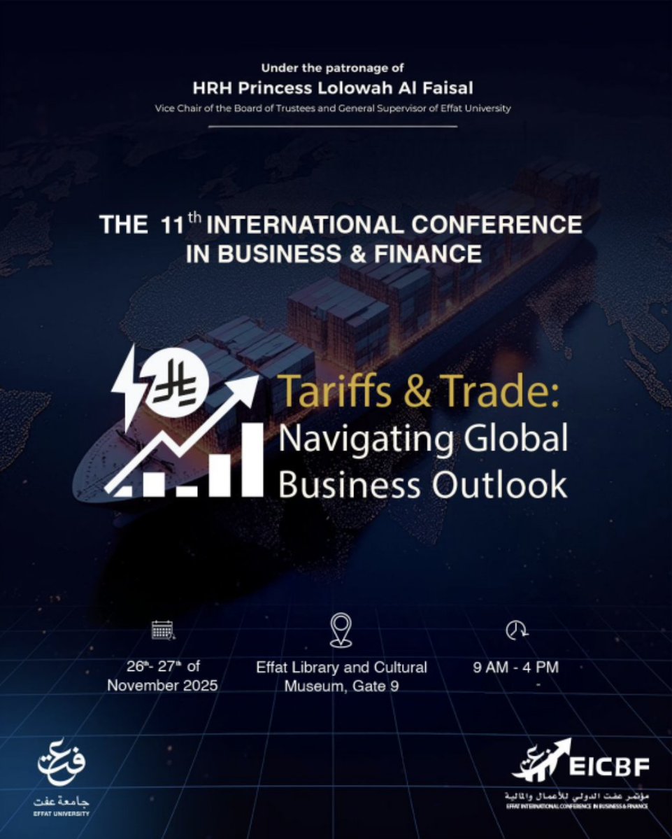 تحت رعاية صاحبة السمو الملكي الأميرة لولوة الفيصل ، تستضيف جامعة عفت المؤتمر الدولي الحادي عشر للأعمال والتمويل، لمناقشة مستقبل الاقتصاد العالمي. 🌎.  

للتسجيل : apps.apple.com/us/app/effat-u…