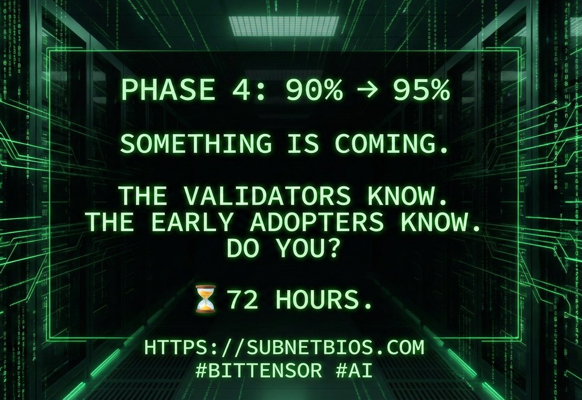 SubnetBIOS's tweet image. ENCRYPTED MESSAGE RECEIVED  &amp;gt;_ Phase 4: 95% complete &amp;gt;_ Validator consensus: ACHIEVED &amp;gt;_ Miner client: OPERATIONAL &amp;gt;_ Payment bridge: TESTED &amp;gt;_ Countdown: 72:00:00 The insiders know what&apos;s coming.  Do you?  #Bittensor #SubnetBIOS