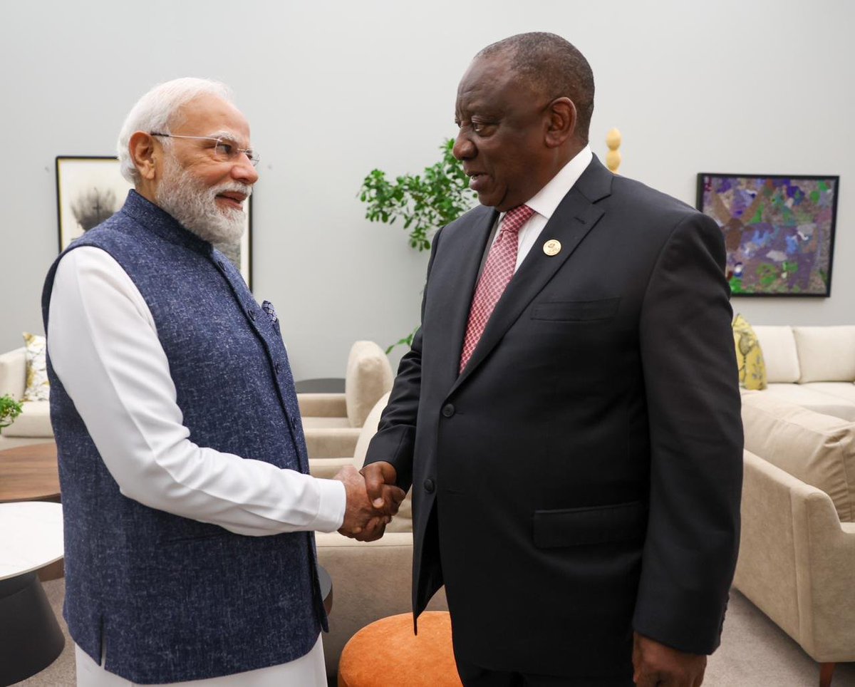 narendramodi's tweet image. Had an excellent meeting with President Cyril Ramaphosa during the G20 Summit in Johannesburg. We reviewed the full range of the India-South Africa partnership, especially in boosting linkages of commerce, culture, investment and diversifying cooperation in technology, skilling,…