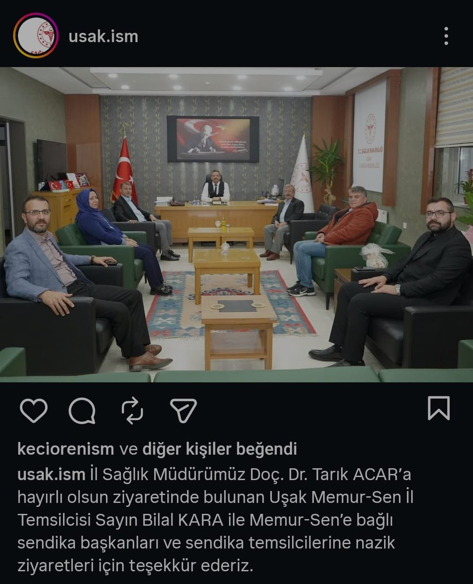 Sayın Bakanım <a href="/drmemisoglu/">Prof. Dr. Kemal Memişoğlu</a> 

Bu görüntü Uşak’tan. 

Bir sendikanın temsilcileri ve yönetimi il sağlık müdürünü ziyarete gitmiş. Ne hikmetse Uşak Eğitim ve Araştırma Hastanesinin Sağlık Bakım Hizmetleri Müdürü de temsilci saflarında ziyarete katılmış ve ortaya bu görüntü çıkmış.