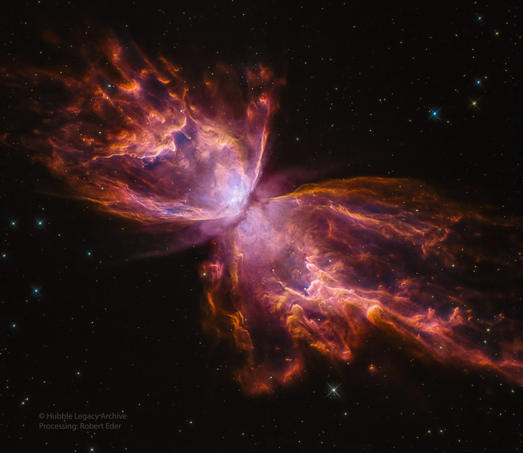 NGC 6302 (la nébuleuse du Papillon), une nébuleuse planétaire bipolaire, dans la constellation du Scorpion. Son spectre révèle que son étoile centrale est l'une des plus chaudes de notre galaxie, indiquant que l'étoile à partir de laquelle elle fut formée devait être très grande