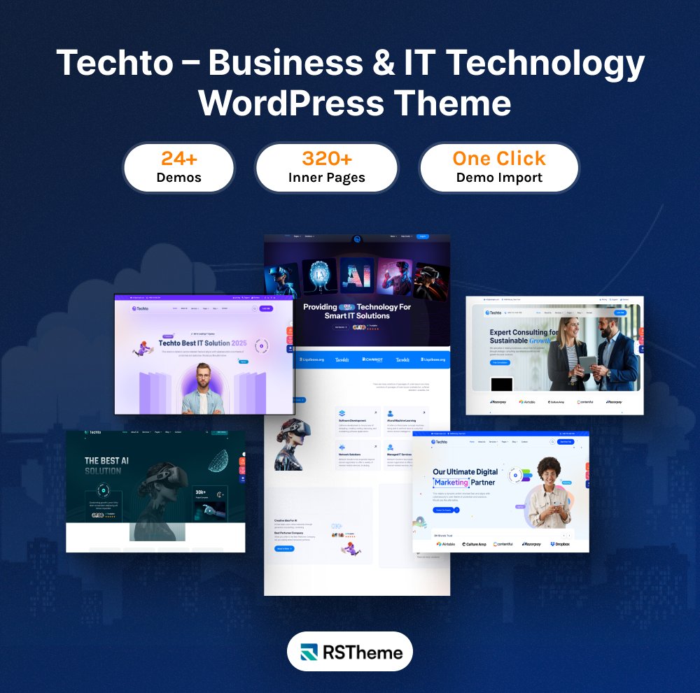 rs_theme's tweet image. 🚀 Techto – Business &amp;amp; IT WordPress Theme

24+ demos, 320+ pages, and one-click import to launch your tech website fast.
Perfect for IT, SaaS, Consulting &amp;amp; Startups.
themeforest.net/item/techto-bu…

#techto #wordpresstheme #ittechnology #elementor