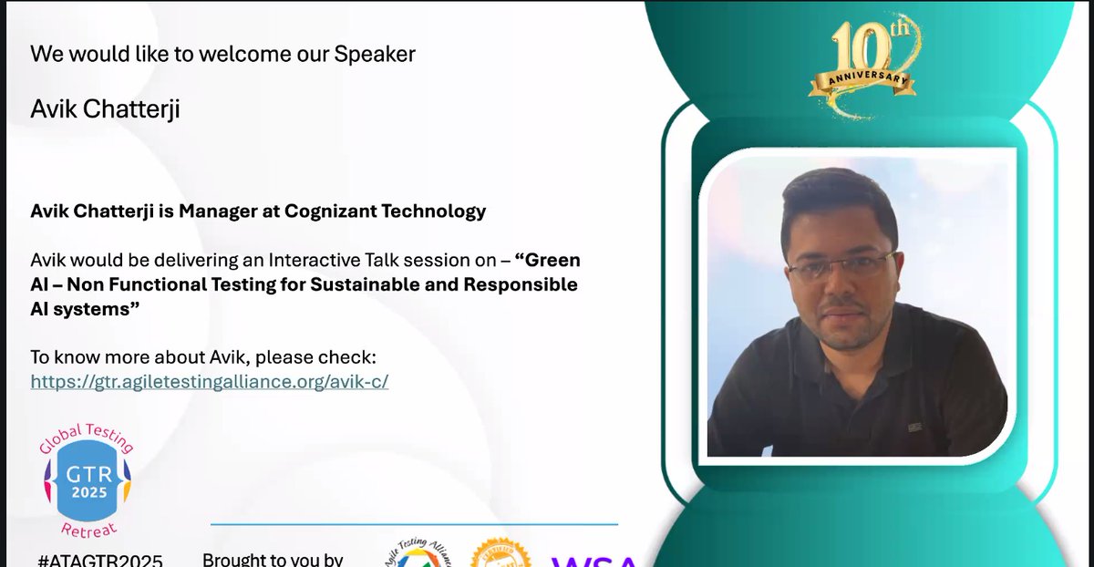 TestingRetreat's tweet image. DAY-2 TRACK 1:Kicking off: Green AI with Avik Chatterji—how testing helps build sustainable AI systems.#ATAGTR2025 #10th_Edition #VIRTUALCONFDAYS #WSA
@AgileTAlliance
@adigindia
@rajputabhay017
@Tietoevry
@QAMENTOR1
@ISquareIT
@SelectorsHub
@TheTestChat
@WS_Audiology