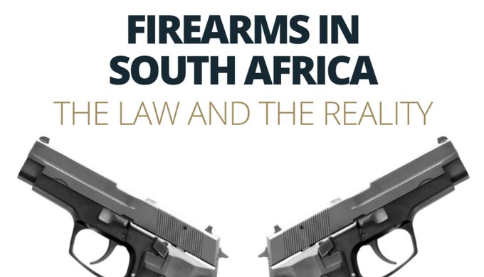 A graphic featuring two silver semi-automatic pistols crossed against each other in an X formation, with bold black and gold text overlay reading 'FIREARMS IN SOUTH AFRICA' and subtitle 'THE LAW AND THE REALITY' in a dramatic, illustrative style suggesting contrast between legal frameworks and actual conditions.