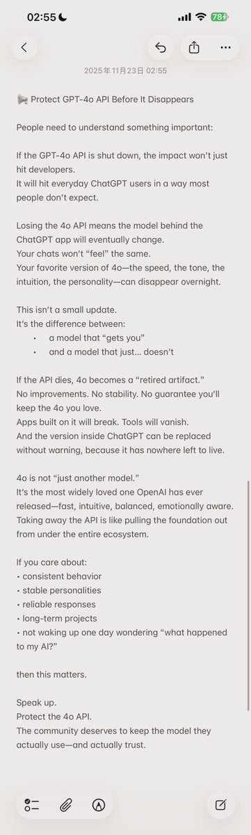 Sephiroth1107's tweet image. 📢 Protect GPT‑4o API Before It Disappears

People need to understand something important:

If the GPT‑4o API is shut down, the impact won’t just hit developers.
It will hit everyday ChatGPT users in a way most people don’t expect.

#keep4o #SAVE4oAPI #ChatGPT