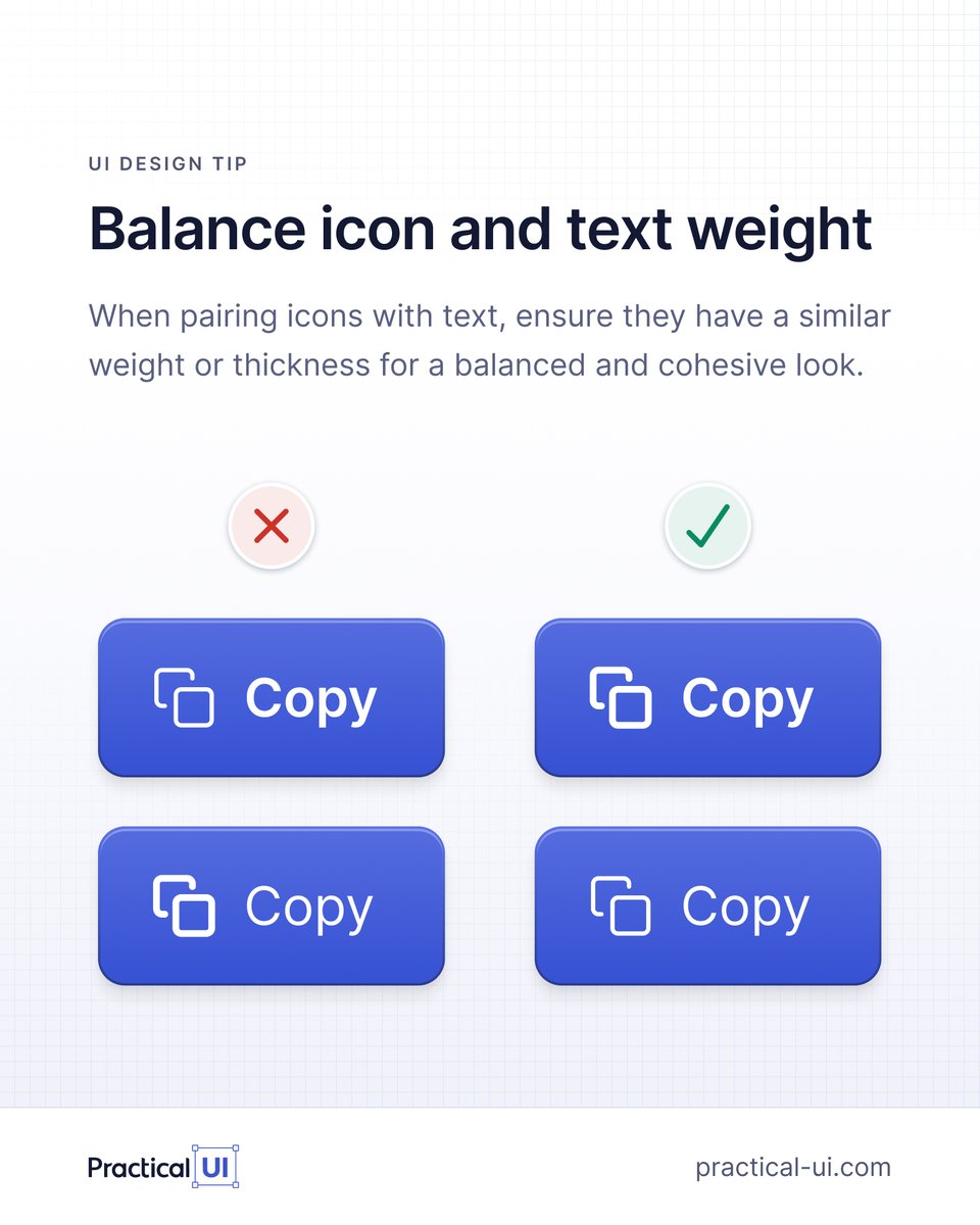 AdhamDannaway's tweet image. 😮 You&apos;d be surprised how many designers make this mistake... 👇

Here&apos;s a tiny tweak that instantly balances icons and text.

When using icons alongside text, aim for similar thickness or visual weight. This creates a cleaner, more harmonious design.

✅ Makes icons and text…