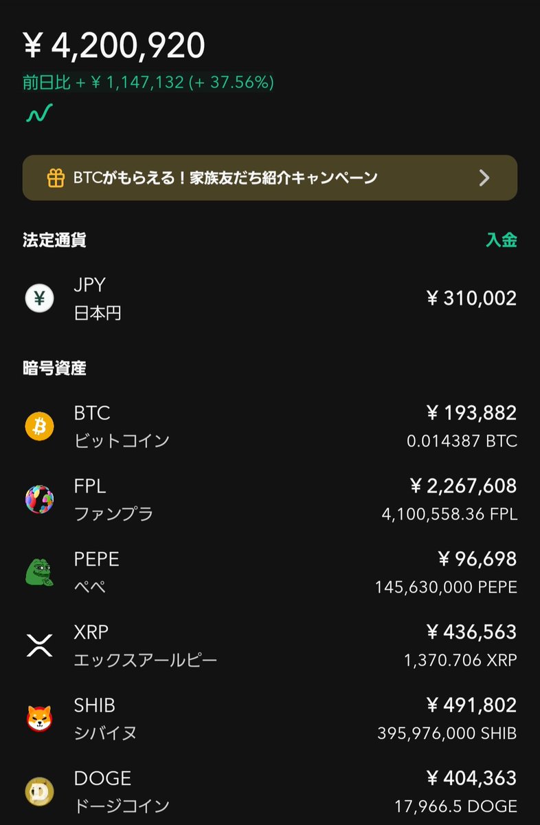 【仮想通貨(Coincheck)】
2025.11.23.17:34

🔥FPL(ファンプラ)
🔥XRP(リップル)
🔥SHIB(シバイヌ)
🔥DOGE(ドージコイン)
🔥BTC(ビットコイン)
🔥PEPE(ぺぺ)

資産合計:4,200,920円
----------------------------
2026年が地獄になるか、天国になるのか全く分かりませんが、落ちてくるナイフを素手で！