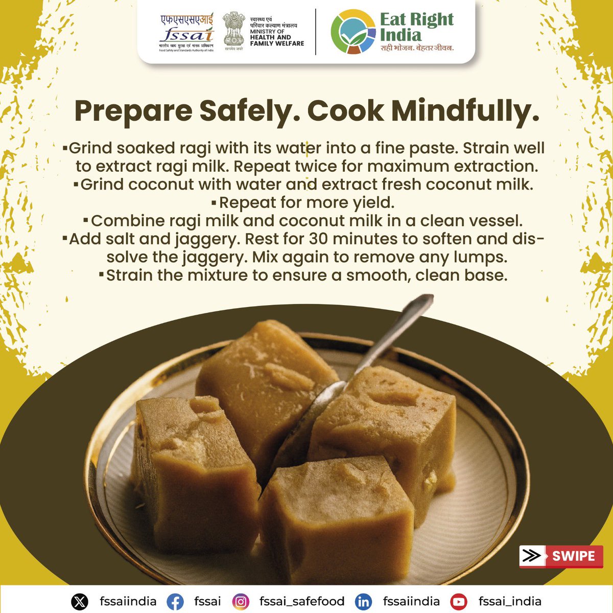 fssaiindia's tweet image. A nutritious staple from Goa, Nachni Satva brings the power of millets to your plate. Sweet, ragi-rich, and rooted in local tradition.
Choose millets. Choose traditional sweetness. Choose to #EatRight .
#EatRightRecipe #EatRightThali