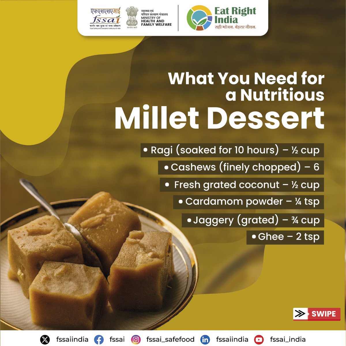 fssaiindia's tweet image. A nutritious staple from Goa, Nachni Satva brings the power of millets to your plate. Sweet, ragi-rich, and rooted in local tradition.
Choose millets. Choose traditional sweetness. Choose to #EatRight .
#EatRightRecipe #EatRightThali