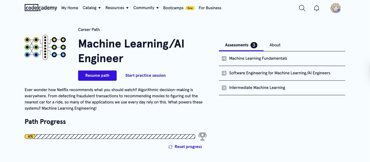 codeharmann's tweet image. Today, my curiosity led me to explore machine learning from @Codecademy. Let&apos;s see where this path takes me.

For context, I currently have four pathways:

- Frontend Development - 46%
- Full-stack Development - 21%
- Computer Science - 27%
- Machine Learning/AI Engineering - 6%…
