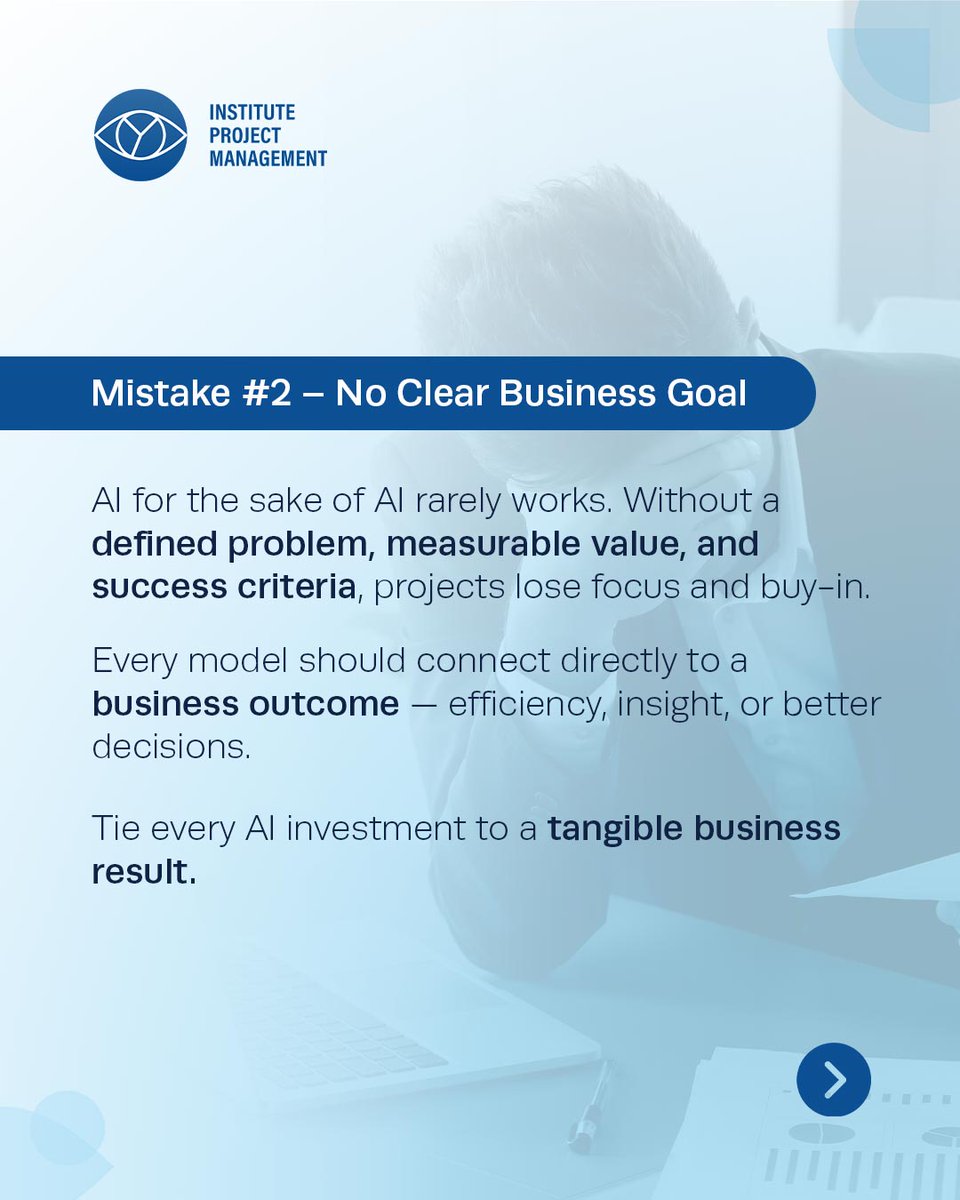 ProjectMgmtInst's tweet image. Most AI projects don’t fail because of the technology — they fail because of the approach. From weak data foundations to unclear goals, the same mistakes keep repeating.

Discover what truly sets successful AI initiatives apart. Learn more: instituteprojectmanagement.com/courses/ipm-ai…