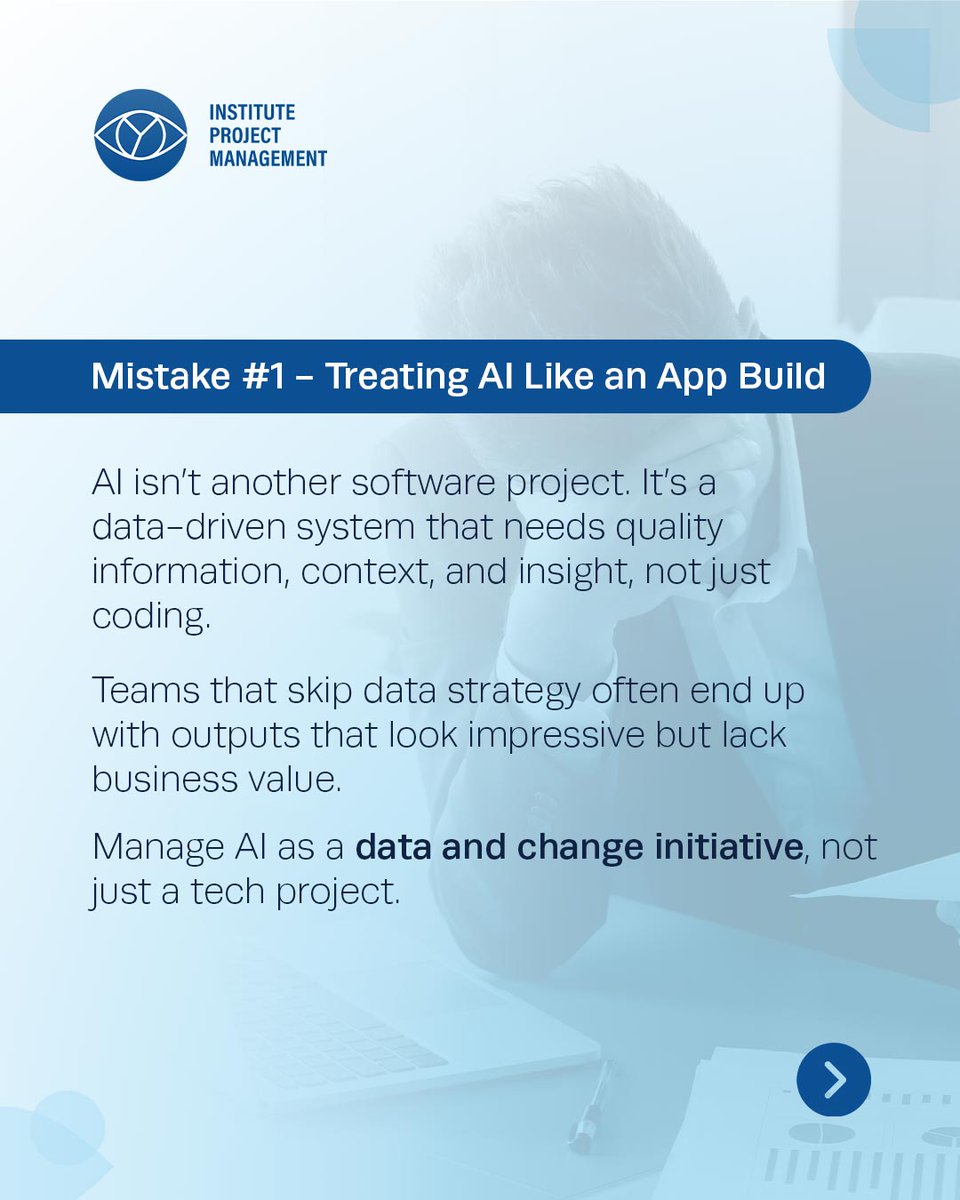 ProjectMgmtInst's tweet image. Most AI projects don’t fail because of the technology — they fail because of the approach. From weak data foundations to unclear goals, the same mistakes keep repeating.

Discover what truly sets successful AI initiatives apart. Learn more: instituteprojectmanagement.com/courses/ipm-ai…